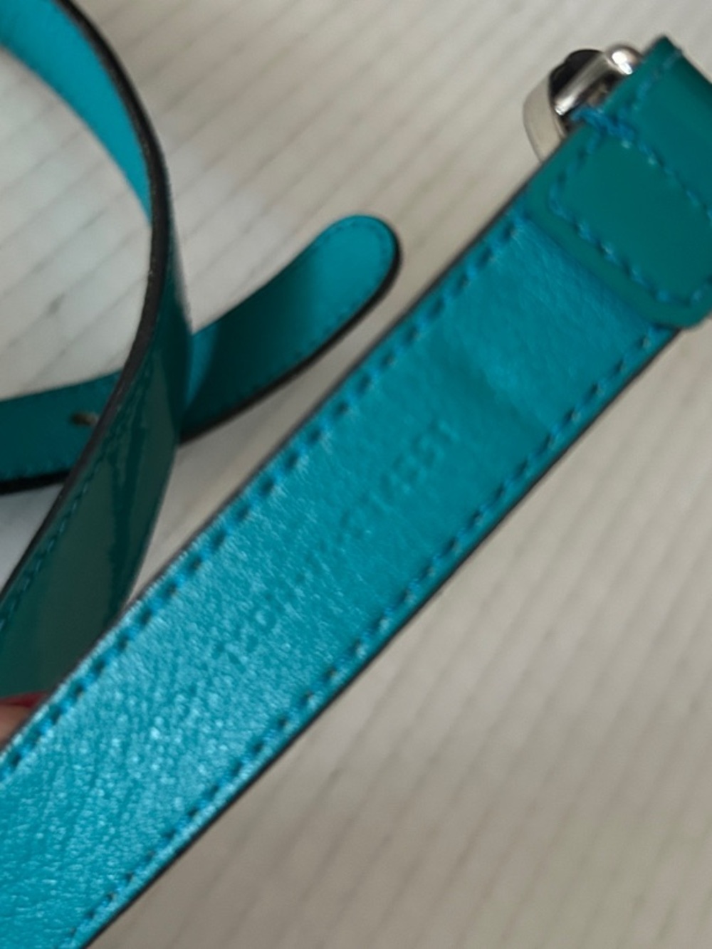 Glossy Teal Patent Leather Belt with Silver Interlocking Buckle - Picture 6 of 11